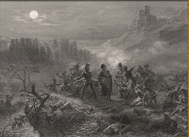 A lithograph showing several men, obviously soldiers because they are wearing uniforms and bearing weapons, on a battlefield in the moonlight. In the background stands a castle on a tall peak; between the castle and the men are steep valleys, smoke from cannons, and other indications of violence. The full moon shines on the battlefield.
