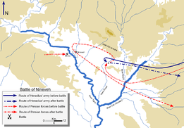 Both Heraclius and the Persians approached from the east of Nineveh. Persian reinforcements were near Mosul. After the battle, Heraclius went back east while the Persians looped back to Nineveh itself before following Heraclius again.