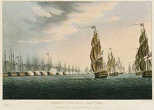 An engraved print showing a tightly packed line of 13 warships flying the French flag. The ships are firing on eight ships flying the British flag that are steadily approaching them from the right of the picture.