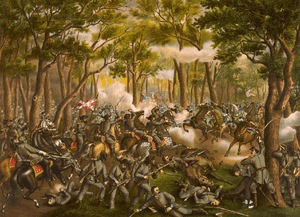 depiction of soldiers in confused fight amid forest