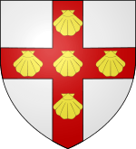 A white shield with red cross containing five inverted shells.