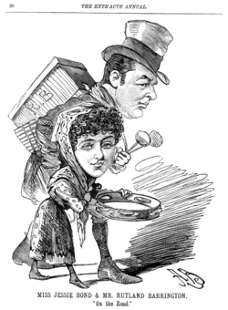 Exaggerated drawing of Bond, holding a tambourine, and another actor on tour.