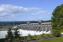 Photograph of the gigantic spillways at the Bonneville Dam marching in a line across the wide Columbia, facing north, with the Cascade mountain country stretching to the horizon. Power lines lead away to the distribution networks.