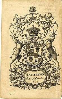 Bookplate showing an early Coat of Arms for the Duke of Hamilton and Brandon