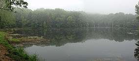 A photo of Buder Lake on a foggy May day.