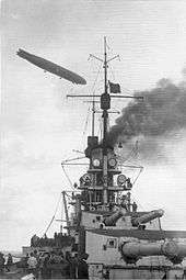 The gun turrets of a battleship. A gray zeppelin flies overhead