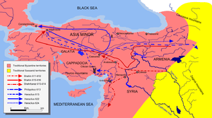 This map shows the approximate campaign paths of Persian and Roman Generals from 611 to 624 as described in the text.