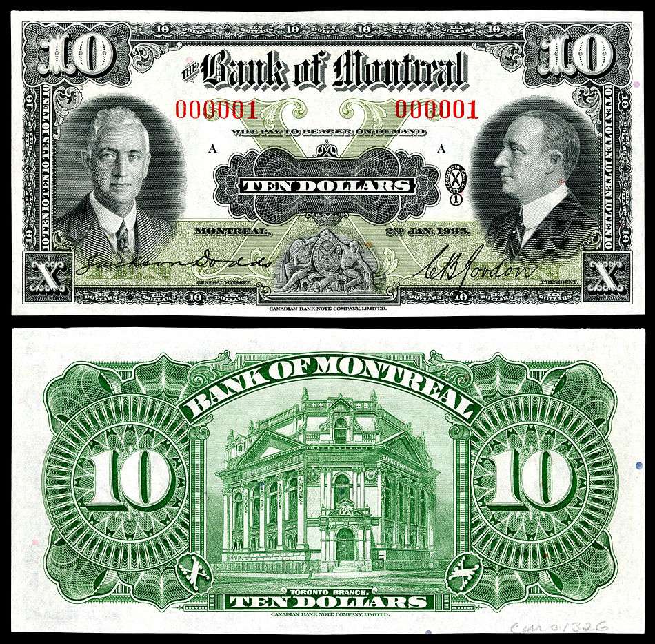 Bank of Montreal, 10 dollars (1935)First note printed for the series.