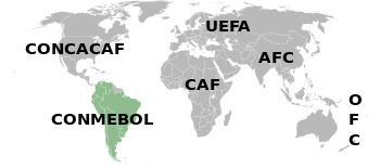 A map of the world. With a few exceptions, each colour corresponds to a continent. The green area, marked "CONMEBOL", covers most of South America.