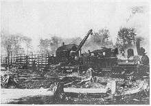 Black and white image of a steam locomotive pulling a crane and several cars of logs. In the foreground are large tree stumps.