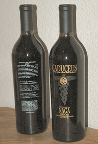 Two wine bottles, one showing the front label and the other showing the back label.