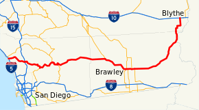 SR 78 heads east from I-5 past I-15 and passes near Brawley before slowly curving north to Blythe, ending at I-10.