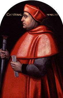 A portrait of Cardinal Thomas Wolsey, wearing the red cloak and hat associated with cardinals.