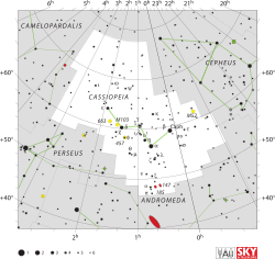 Diagram showing star positions and boundaries of the Cassiopeia constellation and its surroundings