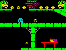 Horizontal rectangle video game screenshot that is a digital representation of a castle interior. A yellow pumpkin bounces on the second floor of a castle room. To the left of the pumpkin is a blue monster, while a red table with a bowl of fruit is below on the first floor.