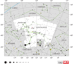Diagram showing star positions and boundaries of the constellation of Centaurus and its surroundings
