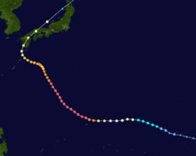 Map showing the path of a tropical cyclone as represented by colored dots. The location of each dot corresponds to the storm's position at six-hour intervals, and the color of each dot denotes its intensity at that position.