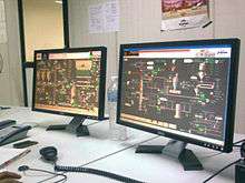 Two computer flat screens showing a plant process management application