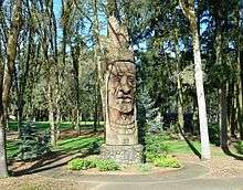Chief Kno-Tah is a large wooden sculpture depicting the face of a Native American. The sculpture is located in Shute Park, the city's oldest park.