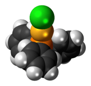 Space-filling model of the chloro(triphenylphosphine)gold(I) molecule