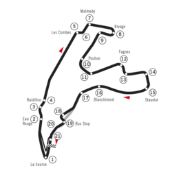 A track map of the Spa-Franchorchamps circuit. The track has 21 corners, which range in sharpness from hairpins to gentle, sweeping turns. There is one long straight that link the corners together. The pit lane splits off the track from turn 19, and rejoins the track after the exit of turn 1.