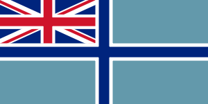 Dark blue cross with white border on powder blue background, with Union Flag as top-left quarter.