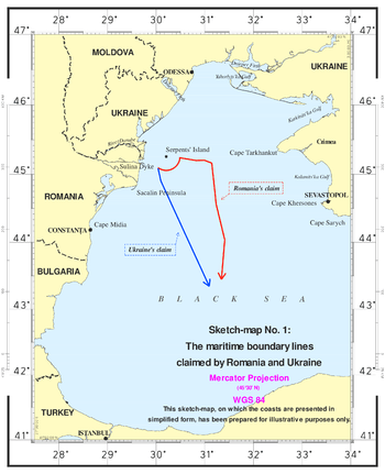 Map of the Black Sea and surrounding area, with red and blue boundary lines