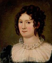 Portrait of a woman showing her neck and head. She has brown hair in ringlet curls and we can see the ruffle from the top of her dress. The painting is done in a palette of oranges and browns.