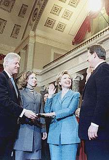 Clinton being sworn in as U.S. Senator by Vice President Al Gore in 2000. Her husband Bill, and daughter Chelsea, are looking on.