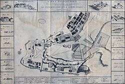 Photograph of a map with a border showing depictions of individual buildings and features and with the center occupied by the plan of a town on a peninsula and defended by a star fort at its western tip
