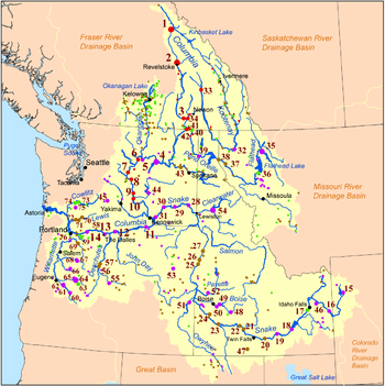 A map shows the locations of many river dams on the Columbia River and its tributaries. They extend from near the river mouth in Oregon and Washington all the way up these rivers into Nevada, Idaho, Wyoming, Montana, and British Columbia.