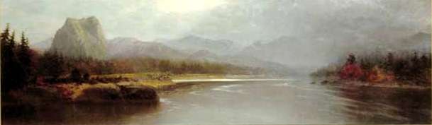 Painting of a big river in the foreground flowing out of mountains in the background. Evergreen trees line both banks of the river. A large spire of rock rises in the middle distance along the left bank.