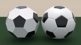 On the left is shape consisting of perfectly flat pentagons and hexagons. The hexagons are coloured white; the pentagons black. On the right is a football; it is of the same basic design, but the pentagons and hexagons are curved to form a smoother sphere.