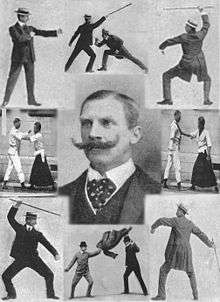 A portrait of E.W. Barton-Wright, with a montage of Bartitsu self defence techniques