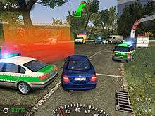 Screenshot showing a blue car progressing towards a red checkpoint circle, surrounded by green and white police vehicles. An arrow points towards the checkpoint. There is statistical data around the outside of the screen, and a map in the top right corner.