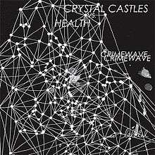 A black portrait of a webbed structure connected together by dots. In capital letters to the right top side of the portrait is the words 'Crystal Castles', 'vs' and 'Health'. The title 'Crimewave' is in shadowed capital font in the central right side of the portrait.