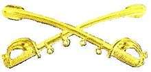 A computer generated reproduction of the insignia of the Union Army cavalry branch. The insignia is displayed in gold and consists of two sheafed swords crossing over each other at a 45 degree angle pointing upwards