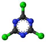 Ball-and-stick model of the cyanuric chloride molecule