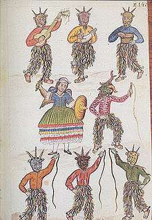 An ancient painting of seven demons dancing.