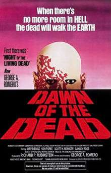 Painted theatrical release that includes various credits, an ominous zombie looking over the horizon, and the words "Dawn of the Dead" in military print below.