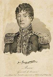Sepia print labeled Rusca shows a man in a dark military uniform with lace on the high collar and epaulettes. He has curly dark hair, round eyes and a thin build.