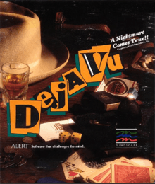 A large brown Fedora hat and a glass of liquor on a table with the title of the game "Déjà Vu" in large letters.
