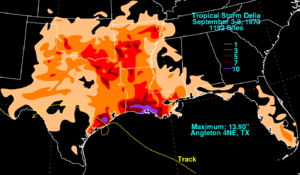 A map of the southern United States, stretching from Texas to Florida, depicting the rainfall amounts from a tropical cyclone. The heaviest amounts, denoted in purple, are situated over southern Texas and Louisiana.