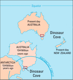 Map showing current and previous positions of Australia, with Dinosaur Cove outlined in red and the equator and Antarctic circle shown for reference