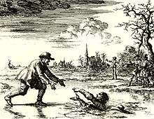 An etching of a man leaning down to reach another man who has fallen through broken ice. Several bystanders are in the background, as well as a church.