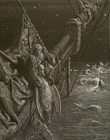 Engraving of sailor on bowsprit tied to a dead albatross, with water serpents in the sea around the ship