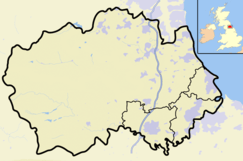 Map of England and Wales with a red dot representing the location of the Hannah's Meadows SSSI, Co Durham