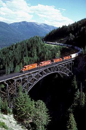 A Canadian Pacific Railway freight eastbound over the Stoney Creek Bridge.
