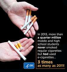 In 2013, at least a quarter million middle school and high school students who never smoked tobacco cigarettes had used e-cigarettes. This was three times as many as in 2011.