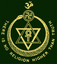 "Reproduction of the Theosophical Society emblem with the Society motto and the Egyptian cross, the star of David, the swastika, a serpent eating its tail and the Hindu symbol aum"